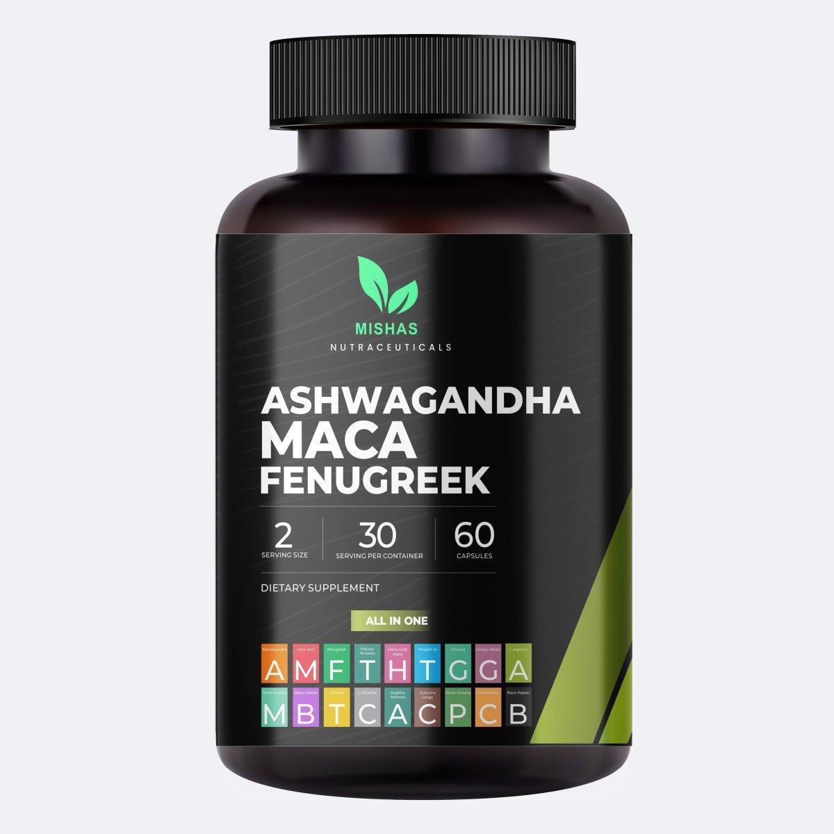 Mishas Nutraceuticals Ashwagandha, Maca, Fenugreek Supplement – Boosts Performance, Immune Support, Libido, & Fertility – 60 Vegan Capsules - Mishas Nutraceuticals