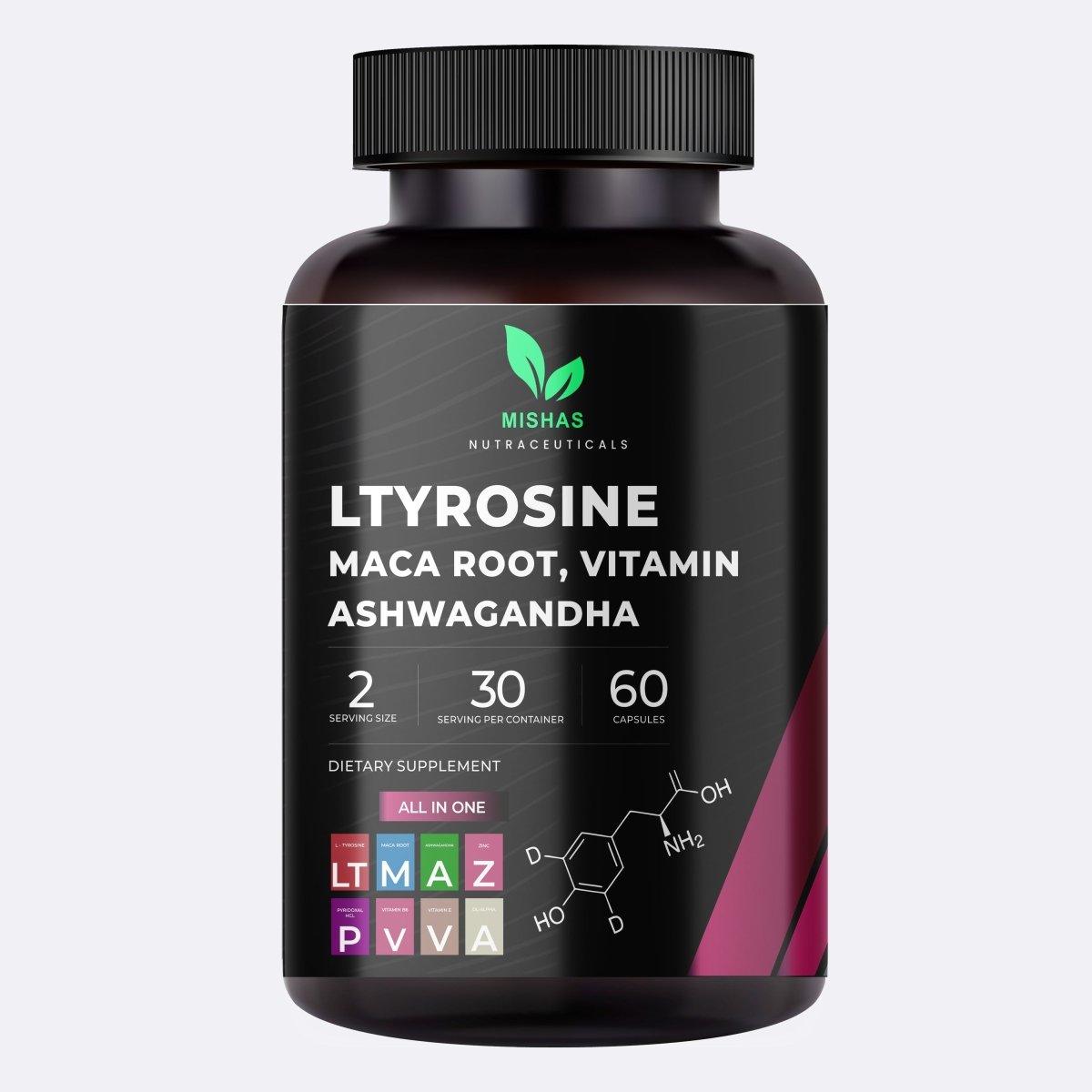 Mishas Nutraceuticals L-Tyrosine, Maca Root & Ashwagandha Supplement – Enhances Cognitive Function, Focus & Stress Response – 60 Vegan Capsules - Mishas Nutraceuticals
