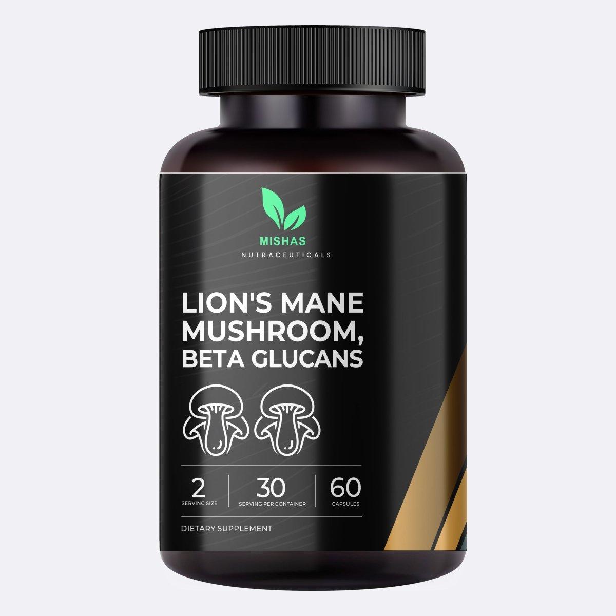 Mishas Nutraceuticals Lion's Mane Mushroom And Beta Glucans Supplement – Supports Brain Function, Immune System & Digestive Health – 60 Vegan Capsules - Mishas Nutraceuticals