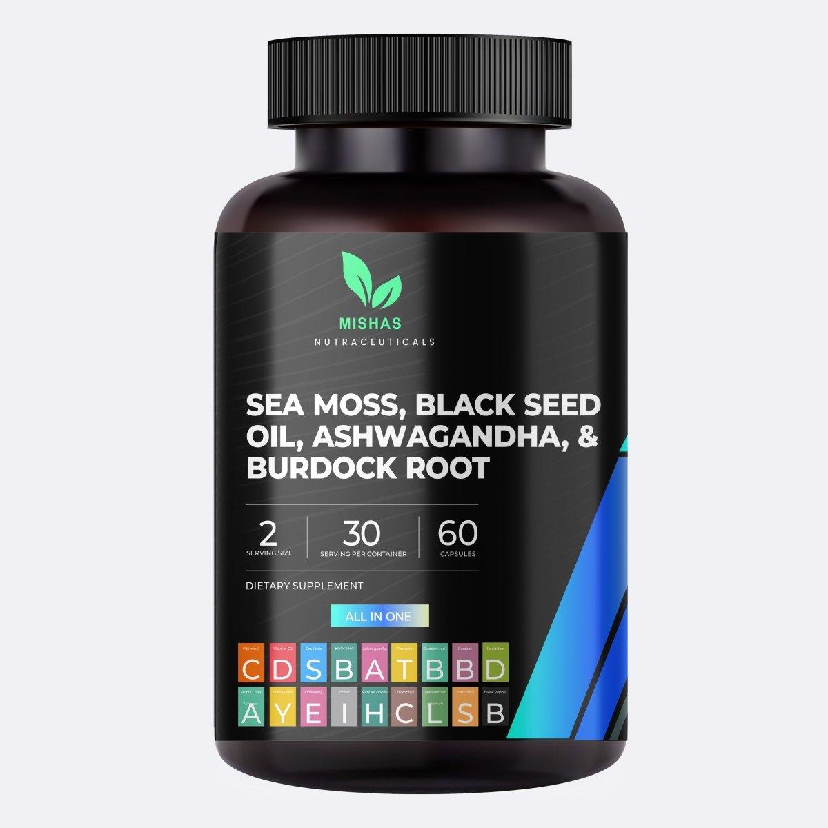 Mishas Nutraceuticals Sea Moss, Black Seed Oil, Ashwagandha & Burdock Root – Supports Thyroid, Skin & Energy – 60 Vegan Capsules - Mishas Nutraceuticals