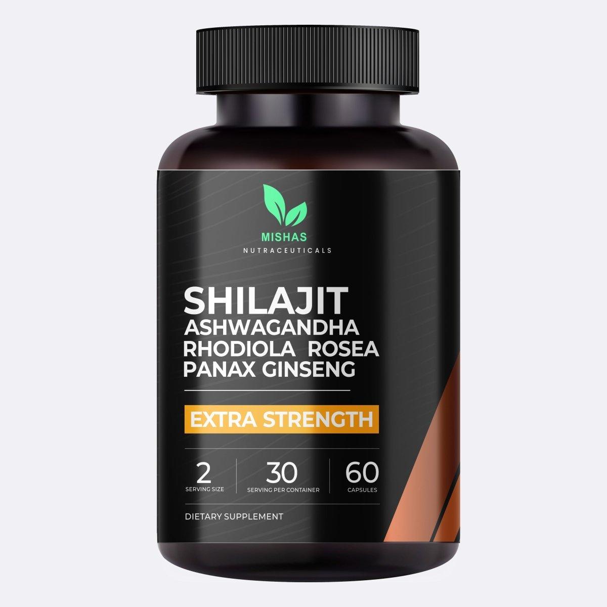 Mishas Nutraceuticals Shilajit, Ashwagandha & Ginseng Extra Strength – Energy, Vitality And Testosterone Support – 60 Vegan Capsules - Mishas Nutraceuticals